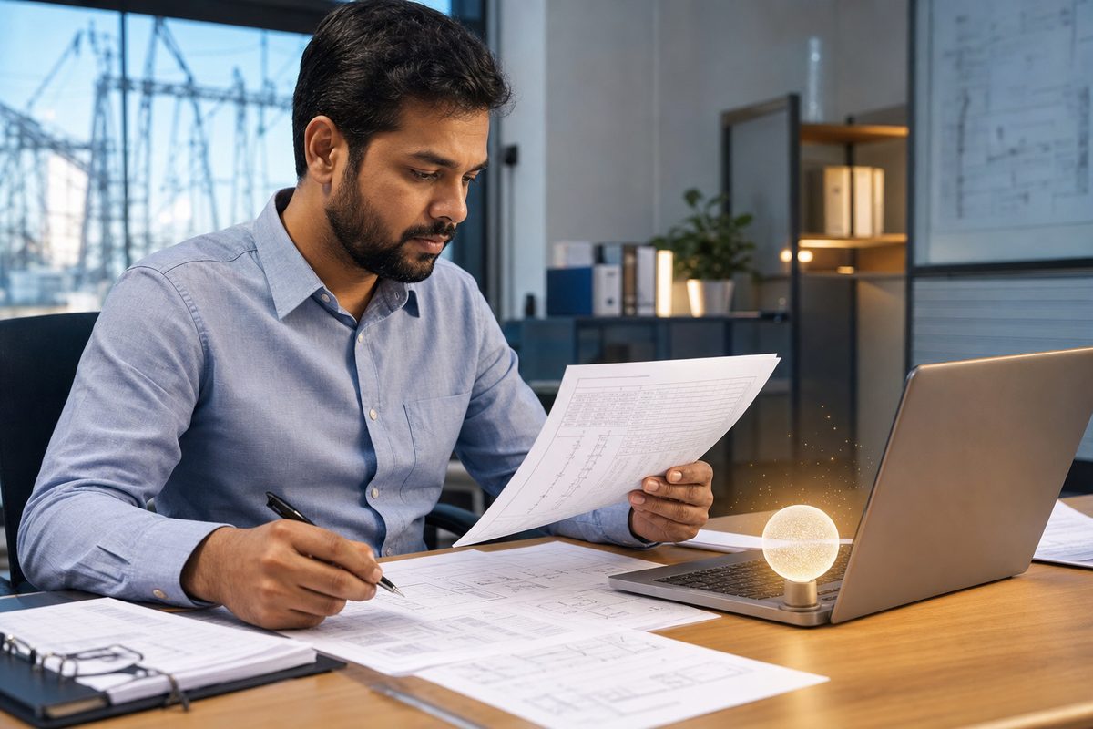 An engineer reviewing protection test reports at a desk with a helpful digital assistant nearby
